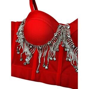 Red Corset Rhinestone Tassel Fringe Top - Size L